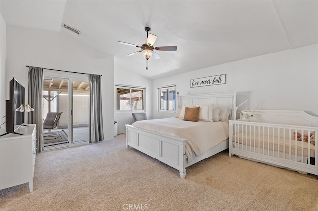 7009 Etter St, Bakersfield, CA 93308 - bedroom featuring vaulted ceiling, light carpet, access to outside, and ceiling fan