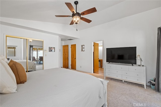7009 Etter St, Bakersfield, CA 93308 - bedroom featuring lofted ceiling, carpet flooring, a closet, a ceiling fan, and ensuite bath