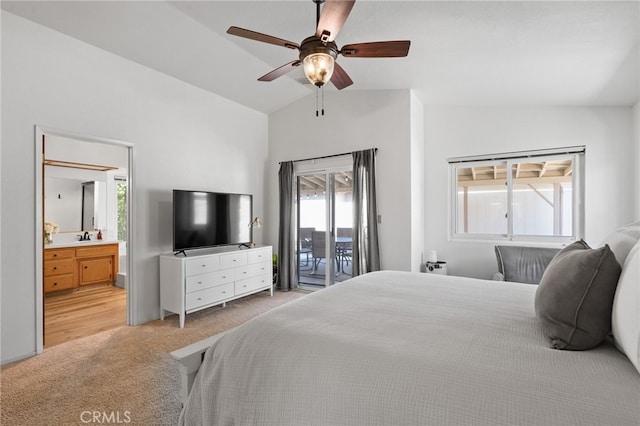 7009 Etter St, Bakersfield, CA 93308 - bedroom featuring lofted ceiling, access to outside, light colored carpet, ensuite bathroom, and a ceiling fan