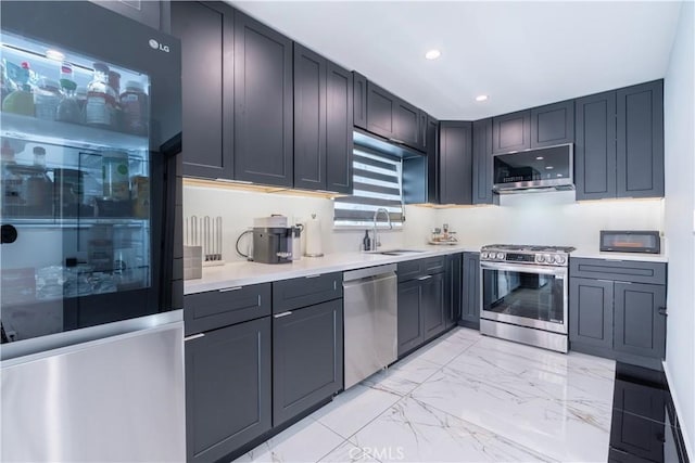 4405 Ventura Canyon Ave, Sherman Oaks, CA 91423 - kitchen with stainless steel appliances, light marble finish flooring, light countertops, and recessed lighting