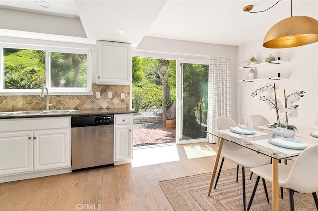 881 Calle Pluma, San Clemente, CA 92673 - kitchen with dishwasher, dark countertops, white cabinetry, and decorative backsplash