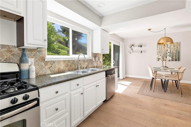 881 Calle Pluma, San Clemente, CA 92673 - kitchen featuring stainless steel appliances, light wood-type flooring, white cabinets, backsplash, and plenty of natural light
