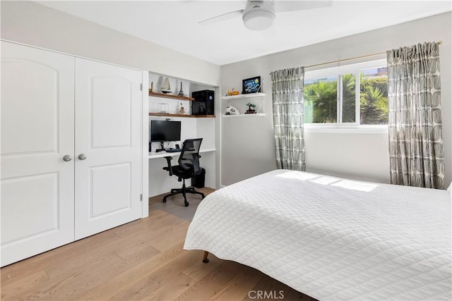 881 Calle Pluma, San Clemente, CA 92673 - bedroom featuring light wood-style floors, an office area, a closet, and ceiling fan