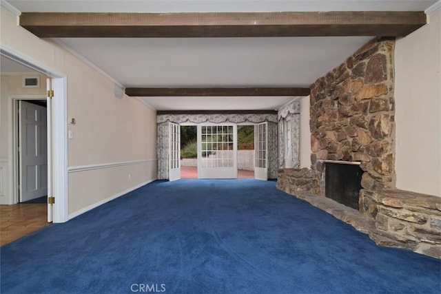 4312 Noble Ave, Sherman Oaks, CA 91403 - unfurnished living room featuring beamed ceiling, carpet floors, a fireplace, and ornamental molding