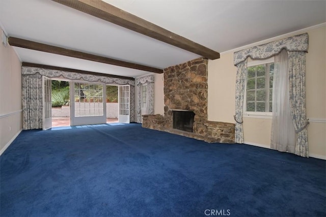 4312 Noble Ave, Sherman Oaks, CA 91403 - unfurnished living room featuring beamed ceiling, carpet, a fireplace, and ornamental molding