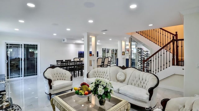 17230 San Lorenzo Cir, Fountain Valley, CA 92708 - living area featuring stairs, recessed lighting, marble finish flooring, and ornate columns
