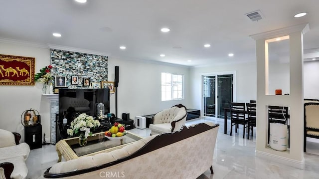 17230 San Lorenzo Cir, Fountain Valley, CA 92708 - living room featuring ornamental molding, recessed lighting, and light marble finish floors
