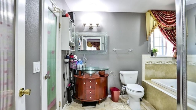 17230 San Lorenzo Cir, Fountain Valley, CA 92708 - full bathroom with a relaxing tiled tub, vanity, and tile patterned flooring