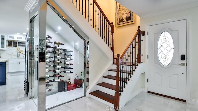 17230 San Lorenzo Cir, Fountain Valley, CA 92708 - entrance foyer with stairway and ornamental molding