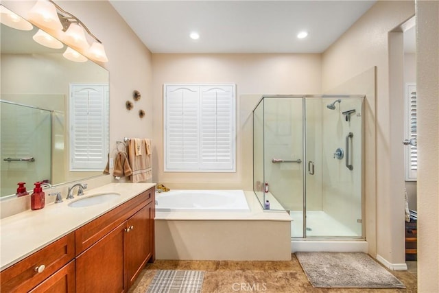 1506 Pierce Ml, Beaumont, CA 92223 - bathroom with a shower stall, a bath, vanity, tile patterned floors, and recessed lighting