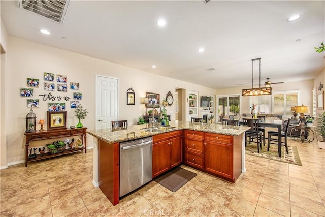 1506 Pierce Ml, Beaumont, CA 92223 - kitchen with dishwasher, pendant lighting, light stone countertops, an island with sink, and recessed lighting