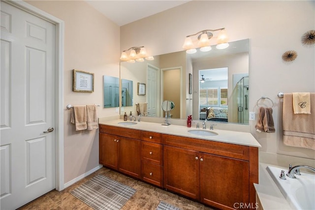 1506 Pierce Ml, Beaumont, CA 92223 - ensuite bathroom featuring double vanity, a bath, and ceiling fan