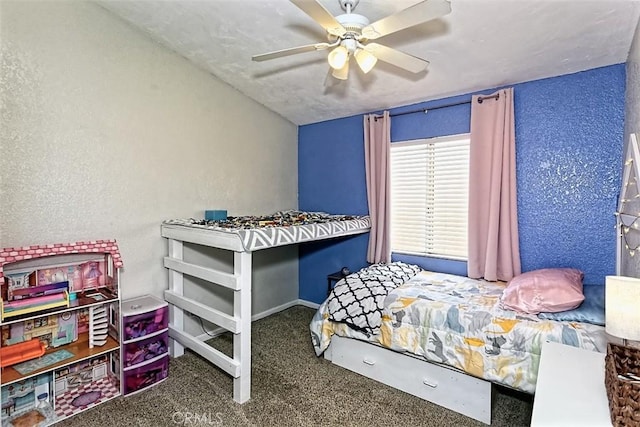 12164 Galaxy St, Victorville, CA 92392 - bedroom featuring carpet floors, lofted ceiling, a textured wall, and a ceiling fan