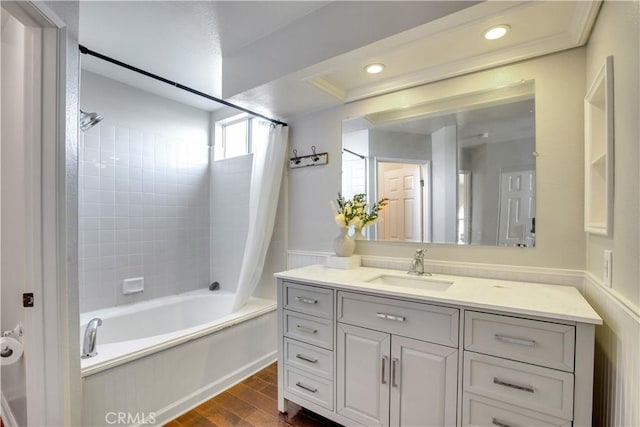 6701 Wrangler Rd, Chino Hills, CA 91709 - full bathroom with shower / bathtub combination with curtain, vanity, wood finished floors, and recessed lighting