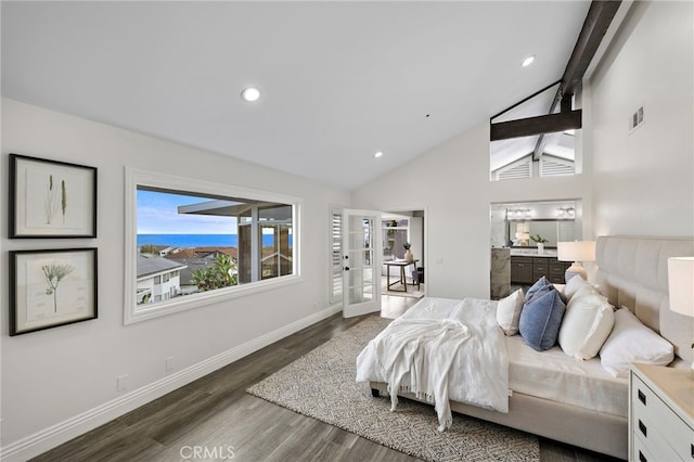 609 Calle Reata, San Clemente, CA 92673 - bedroom with wood finished floors, french doors, beam ceiling, recessed lighting, and high vaulted ceiling