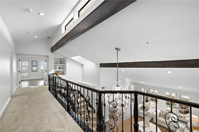 609 Calle Reata, San Clemente, CA 92673 - hallway featuring a chandelier, an upstairs landing, recessed lighting, and carpet