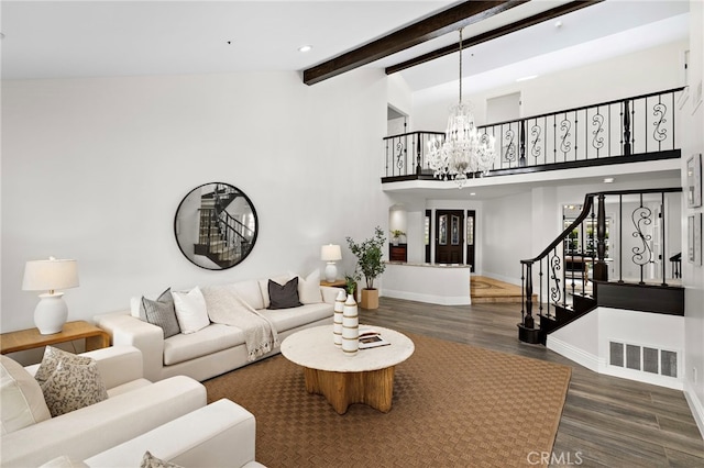 609 Calle Reata, San Clemente, CA 92673 - living area featuring wood finished floors, a chandelier, stairs, beam ceiling, and recessed lighting
