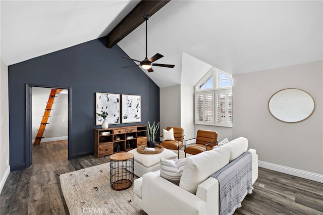 609 Calle Reata, San Clemente, CA 92673 - living area featuring wood finished floors, ceiling fan, beamed ceiling, and high vaulted ceiling