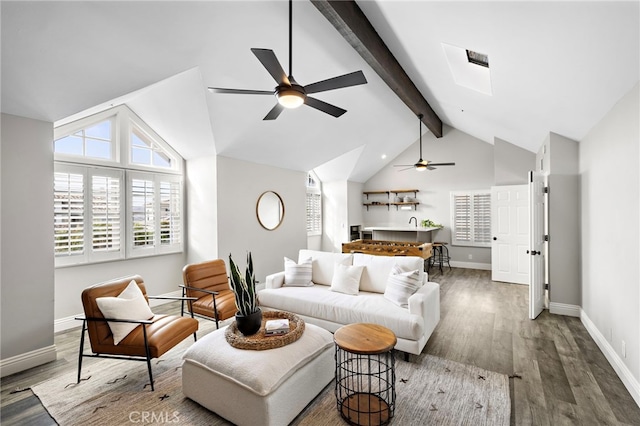 609 Calle Reata, San Clemente, CA 92673 - living area featuring a ceiling fan, wood finished floors, and a skylight