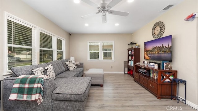 2648 N G St, San Bernardino, CA 92405 - living area with light wood-style floors, ceiling fan, and recessed lighting