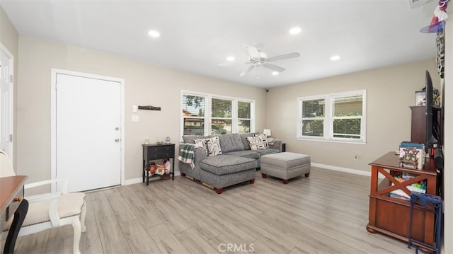 2648 N G St, San Bernardino, CA 92405 - living area featuring ceiling fan, light wood-style flooring, and recessed lighting