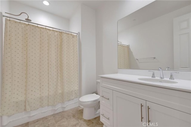32469 Peters St, Menifee, CA 92584 - full bathroom featuring vanity, a shower with shower curtain, and recessed lighting