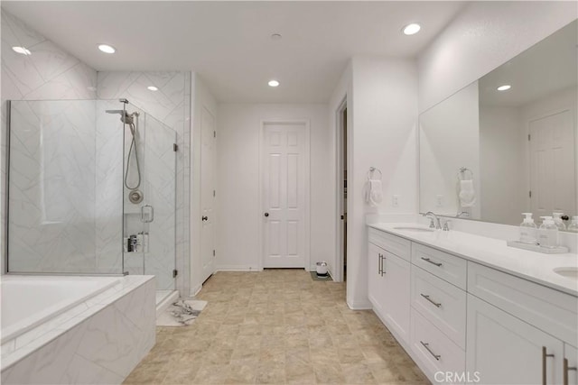 32469 Peters St, Menifee, CA 92584 - full bathroom with a marble finish shower, a bath, recessed lighting, and double vanity
