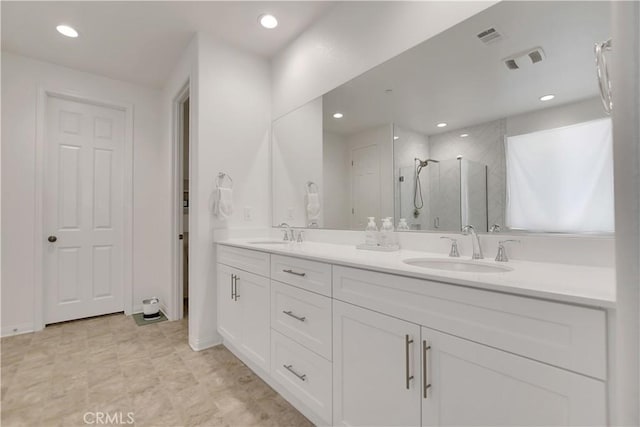 32469 Peters St, Menifee, CA 92584 - full bath featuring a shower stall, double vanity, and recessed lighting