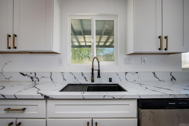 5655 Last Mile Rd, Johnson Valley, CA 92285 - kitchen featuring stainless steel dishwasher, white cabinets, and light stone counters