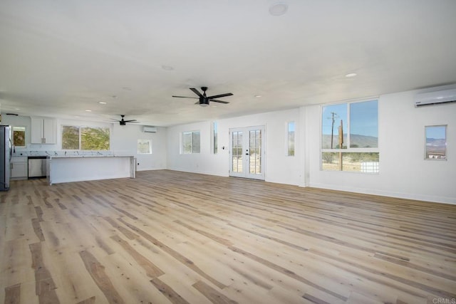 5655 Last Mile Rd, Johnson Valley, CA 92285 - unfurnished living room featuring a wall unit AC, recessed lighting, light wood-type flooring, and a ceiling fan