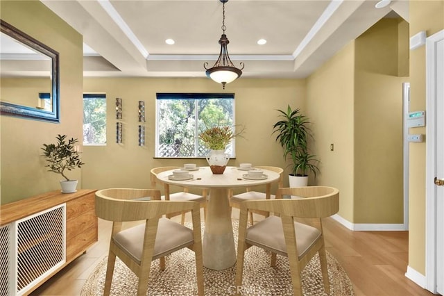 5242 Vesper Ave Unit 7, Sherman Oaks, CA 91411 - dining area featuring light wood-style floors, ornamental molding, a tray ceiling, and recessed lighting