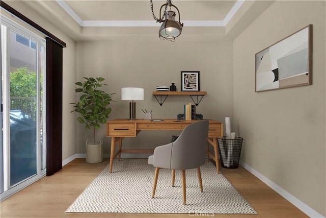 5242 Vesper Ave Unit 7, Sherman Oaks, CA 91411 - office area with light wood finished floors, a raised ceiling, and crown molding