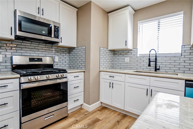 73570 Cedar Dr Unit 29, Palms, CA 92277 - kitchen featuring appliances with stainless steel finishes, light wood-style floors, white cabinets, and backsplash