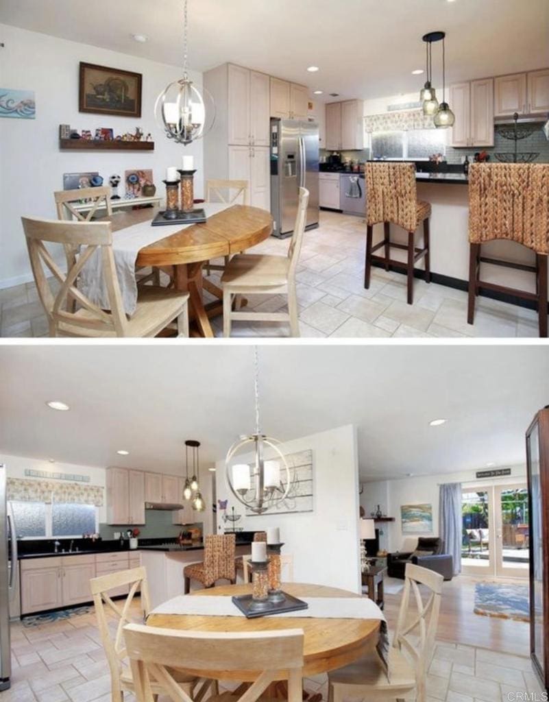 6667 Merwell St, San Diego, CA 92122 - dining room featuring a chandelier, stone tile floors, and recessed lighting