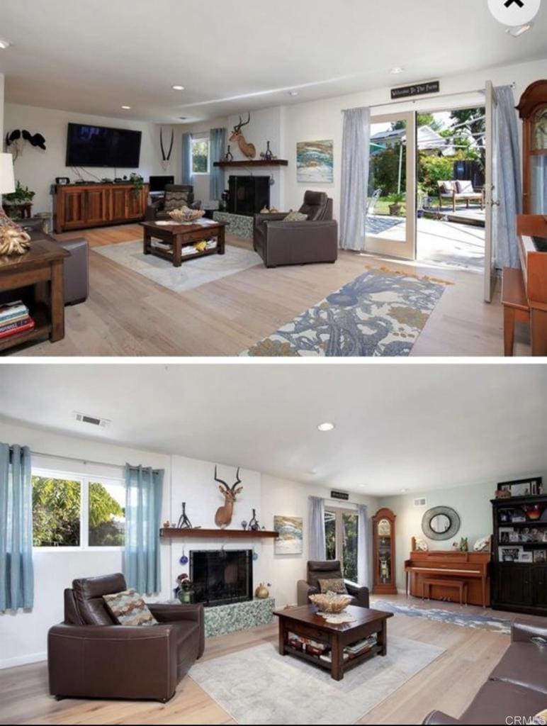 6667 Merwell St, San Diego, CA 92122 - living room featuring a glass covered fireplace, wood finished floors, and recessed lighting