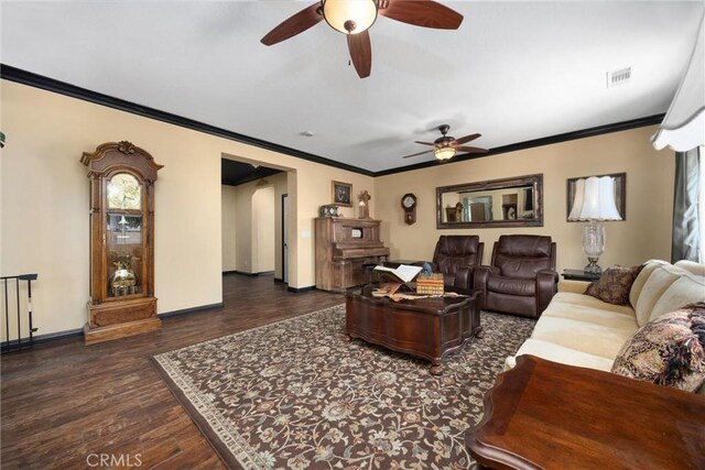 10705 Topiary Dr, Bakersfield, CA 93306 - living area featuring ceiling fan, crown molding, and wood finished floors