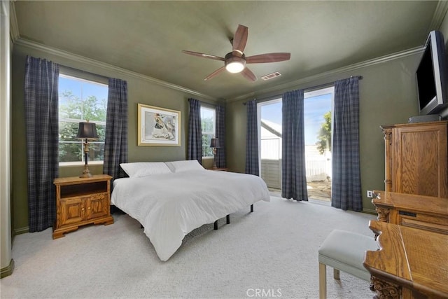 10705 Topiary Dr, Bakersfield, CA 93306 - bedroom with crown molding, light colored carpet, and a ceiling fan