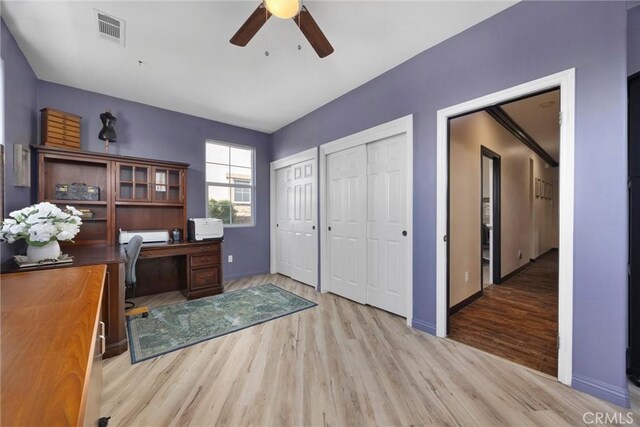 10705 Topiary Dr, Bakersfield, CA 93306 - home office with a ceiling fan and light wood finished floors