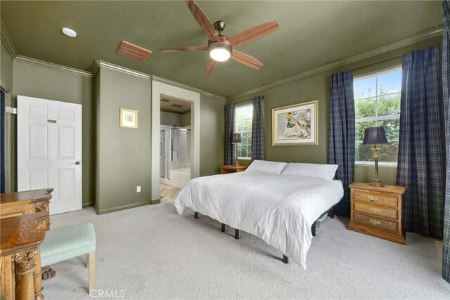 10705 Topiary Dr, Bakersfield, CA 93306 - carpeted bedroom featuring ornamental molding, multiple windows, ceiling fan, and connected bathroom
