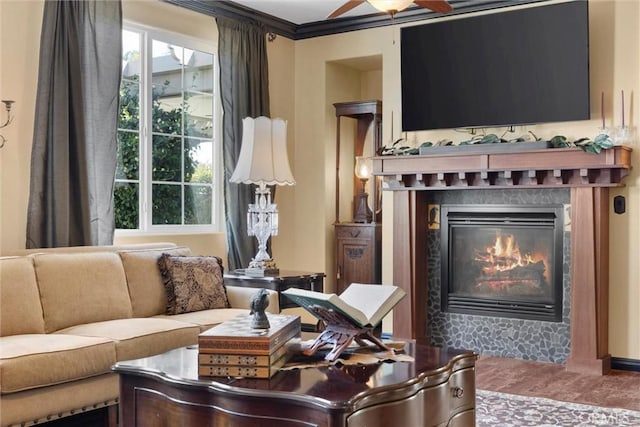 10705 Topiary Dr, Bakersfield, CA 93306 - living room featuring a ceiling fan and a glass covered fireplace