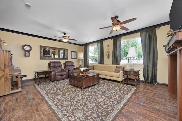 10705 Topiary Dr, Bakersfield, CA 93306 - living room with ceiling fan, ornamental molding, and wood finished floors