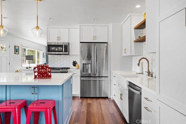 1620 Alrita St, San Luis Obispo, CA 93401 - kitchen featuring appliances with stainless steel finishes, open shelves, white cabinets, light countertops, and recessed lighting