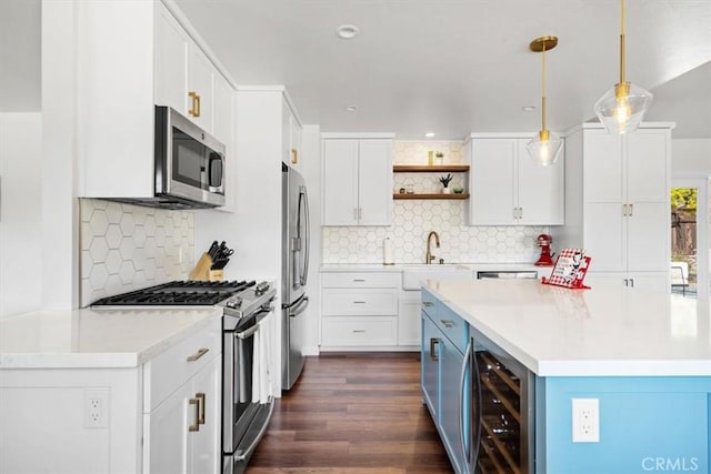 1620 Alrita St, San Luis Obispo, CA 93401 - kitchen with stainless steel appliances, wine cooler, open shelves, white cabinets, and backsplash
