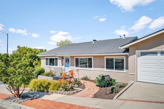 1620 Alrita St, San Luis Obispo, CA 93401 - ranch-style house with stucco siding, a garage, roof with shingles, and concrete driveway