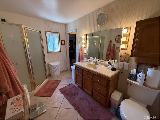 59663 Sunway Dr, Yucca Valley, CA 92284 - full bath with a stall shower, wallpapered walls, vanity, and tile patterned flooring