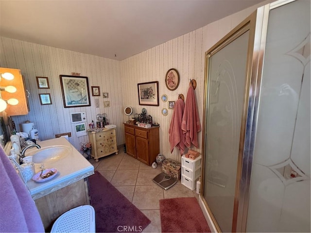 59663 Sunway Dr, Yucca Valley, CA 92284 - full bathroom with a stall shower, tile patterned flooring, and vanity