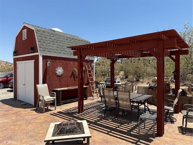 59663 Sunway Dr, Yucca Valley, CA 92284 - view of patio / terrace with an outdoor fire pit, outdoor dining space, a pergola, a shed, and a grill