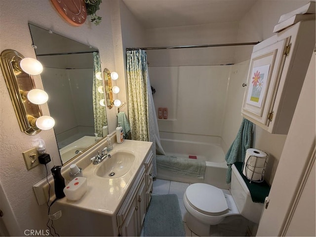 59663 Sunway Dr, Yucca Valley, CA 92284 - bathroom with vanity, shower / tub combo, tile patterned floors, and a textured wall