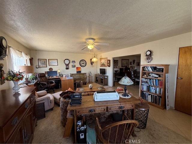 59663 Sunway Dr, Yucca Valley, CA 92284 - dining area with a textured ceiling, ceiling fan, light tile patterned floors, and an office area