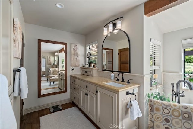 8300 San Diego Rd, Atascadero, CA 93422 - bathroom featuring wood finished floors, vanity, and recessed lighting